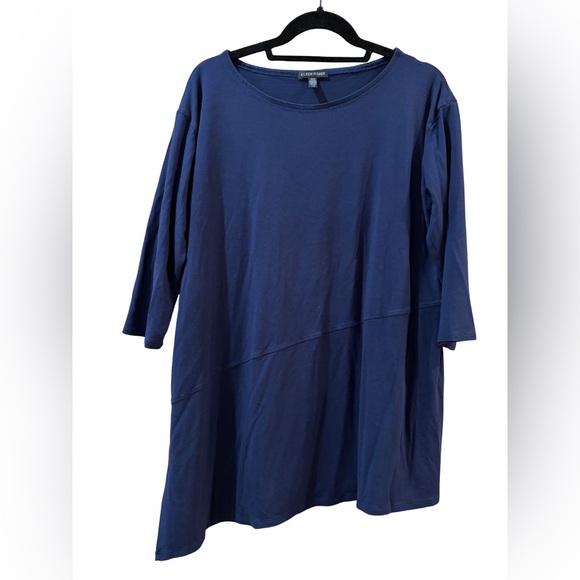 Eileen Fisher Navy Asymmetrical Seam Tunic Top | 3/4 Sleeve Size L Minimalist - Picture 2 of 4
